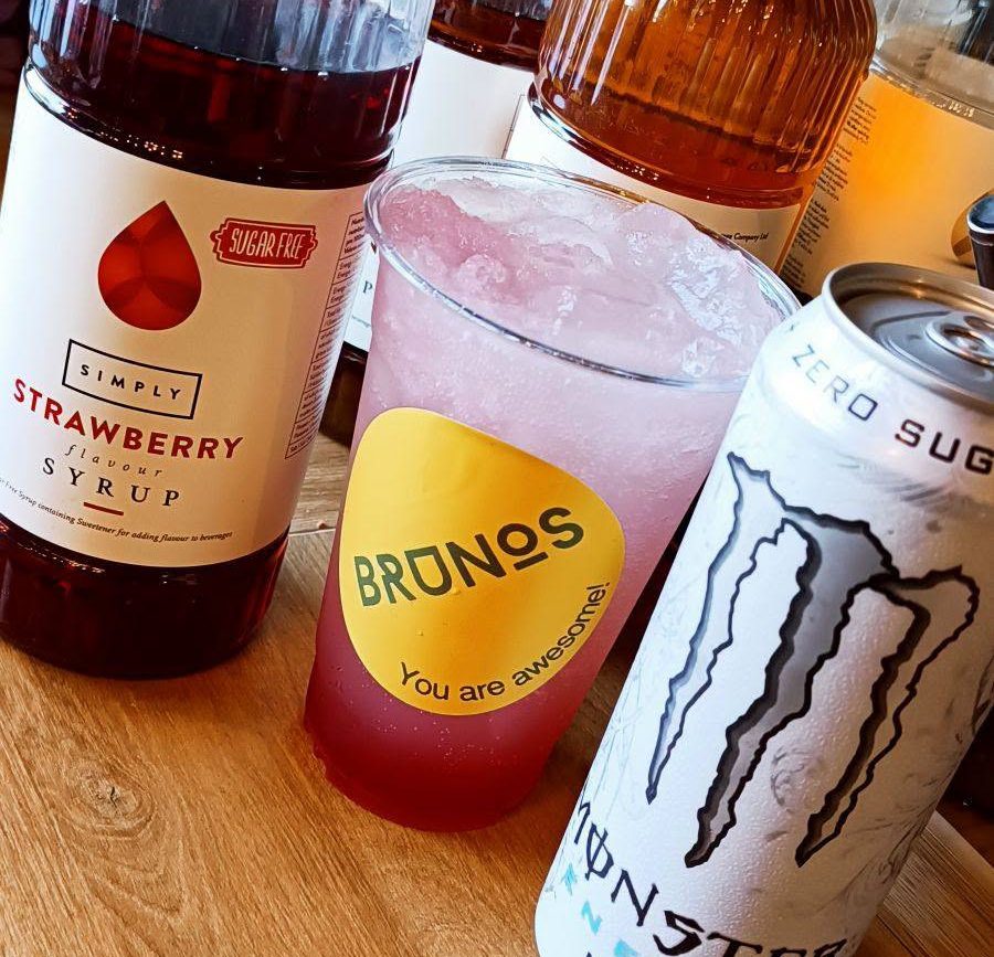 Monster infusion drinks with raspberry, cherry, mango and passion fruit flavours at Brunos Coffee in Leominster